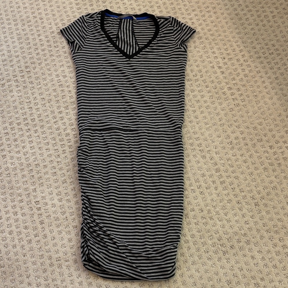 Athleta Black and Gray Striped Midi Dress